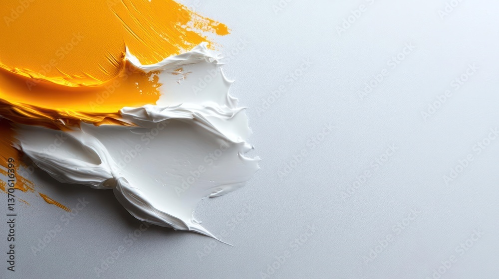 Aufkleber abstract composition featuring thick textured brushstrokes of yellow and white paint against a gray 