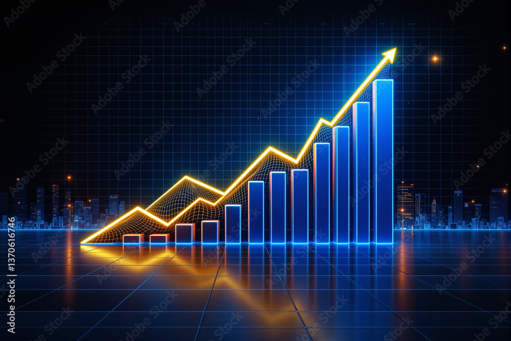 Poster Glowing financial growth chart with rising bar and line graphs on futuristic digital background.