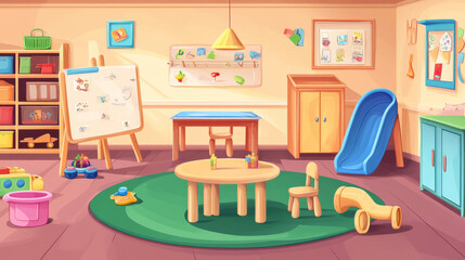 Kindergarten, nursery playroom with table, chairs, lockers, slide and toys box. Vector cartoon illustration of daycare center interior with easel for drawing, shelves, baby potty and closets