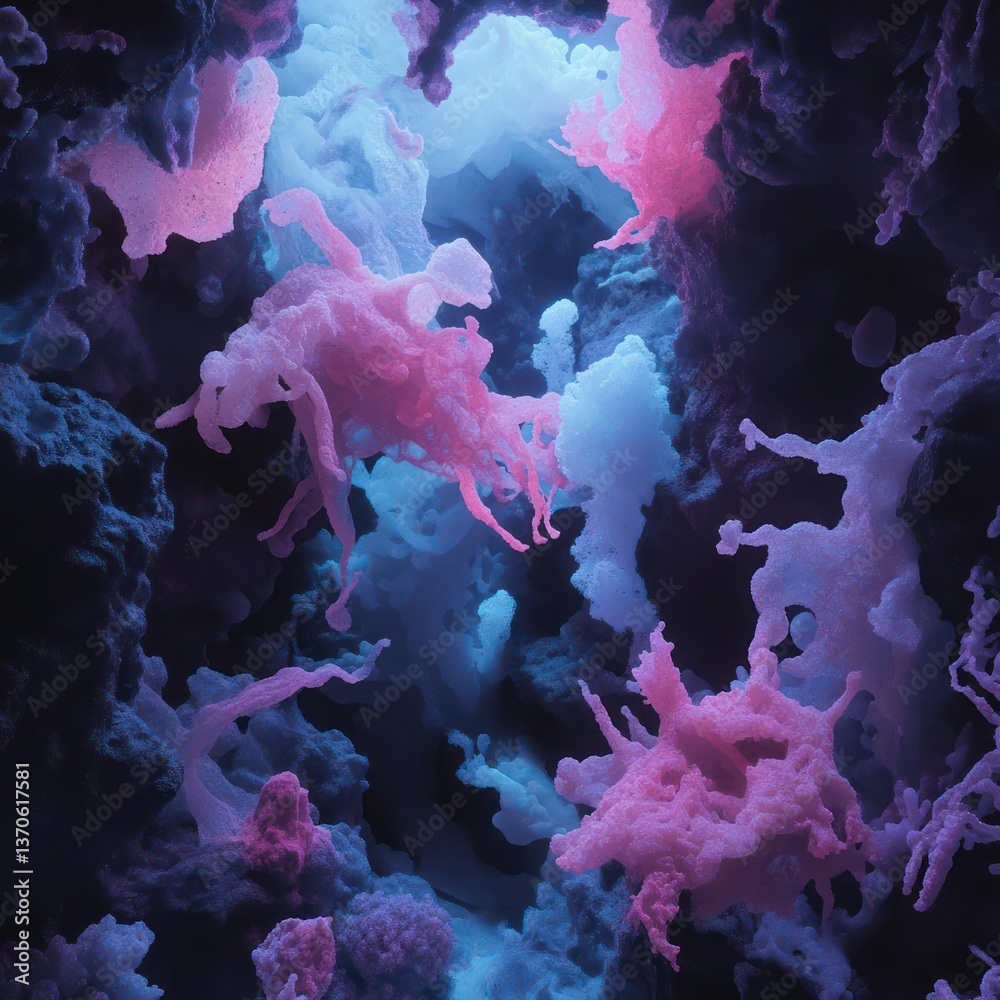 Poster Abstract digital art with detailed fractal structures in pink and blue colors creating a surreal, ethereal atmosphere within a dark background