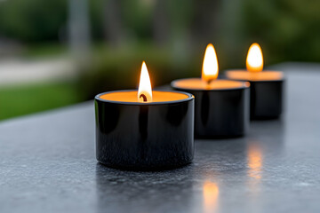 Three lit black candles on a grey surface outdoors