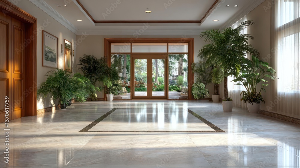 Poster brightly lit marble lobby with large windows showcasing indoor plants and natural sunlight creating 