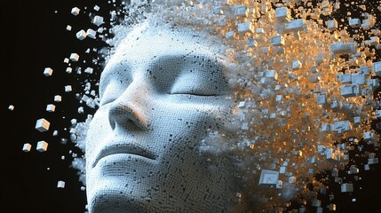 Unveiling the Mind: A surreal portrayal of a human head dissolving into particles, evoking the complex interplay of thoughts, ideas, and the ephemeral nature of the mind.