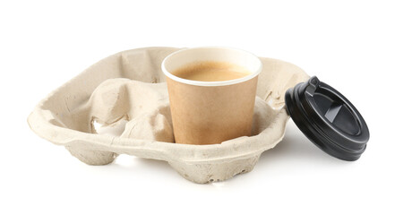 Paper coffee cup in cardboard holder isolated on white