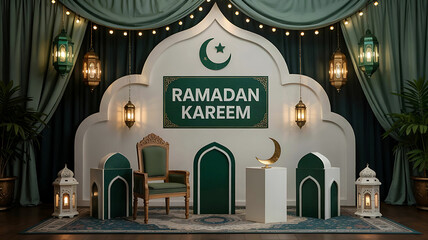 Ramadan kareem display with lanterns, moon, chair, and decorative lights in a festive setting