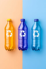 Three recyclable plastic bottles in orange, purple, and blue, on a peach and blue background