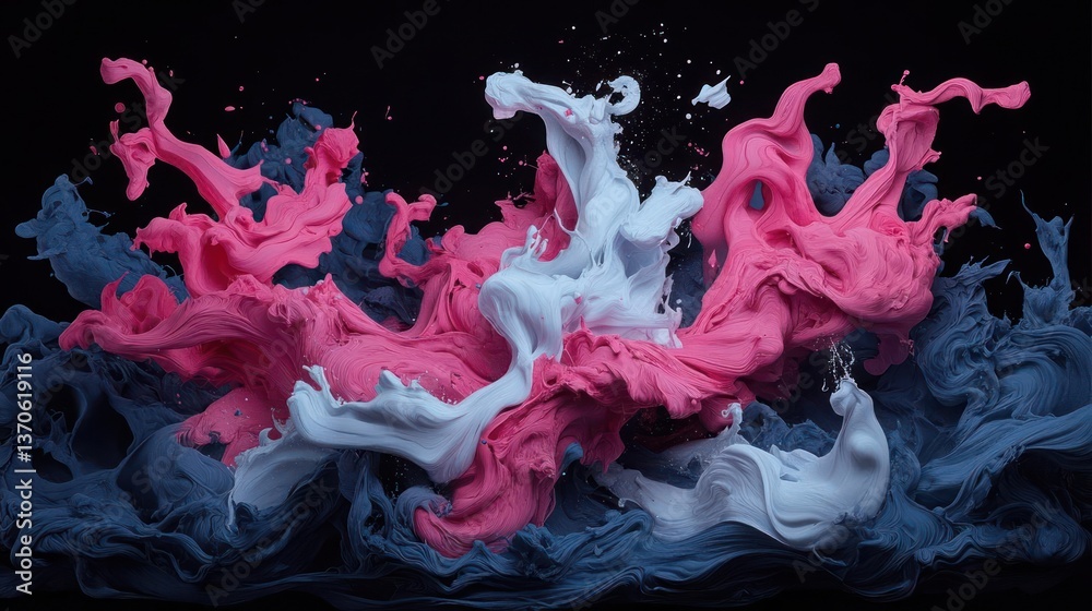 Fototapete Abstract art composition featuring dynamic flow of pink and white textured forms against a dark background. The image utilizes a 3D voxel style with splashes