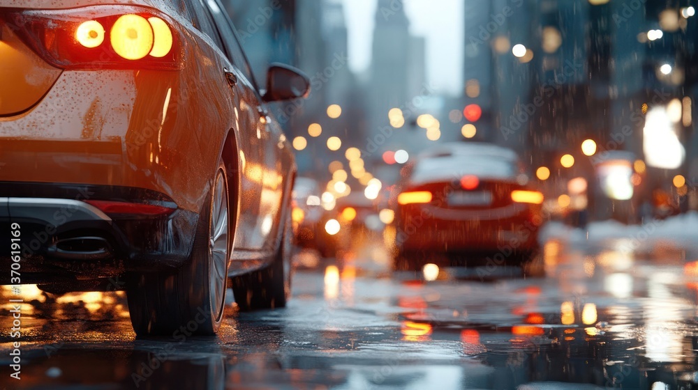Aufkleber city street view with vehicles in rain. wet asphalt reflects vehicle lights and city lights creating