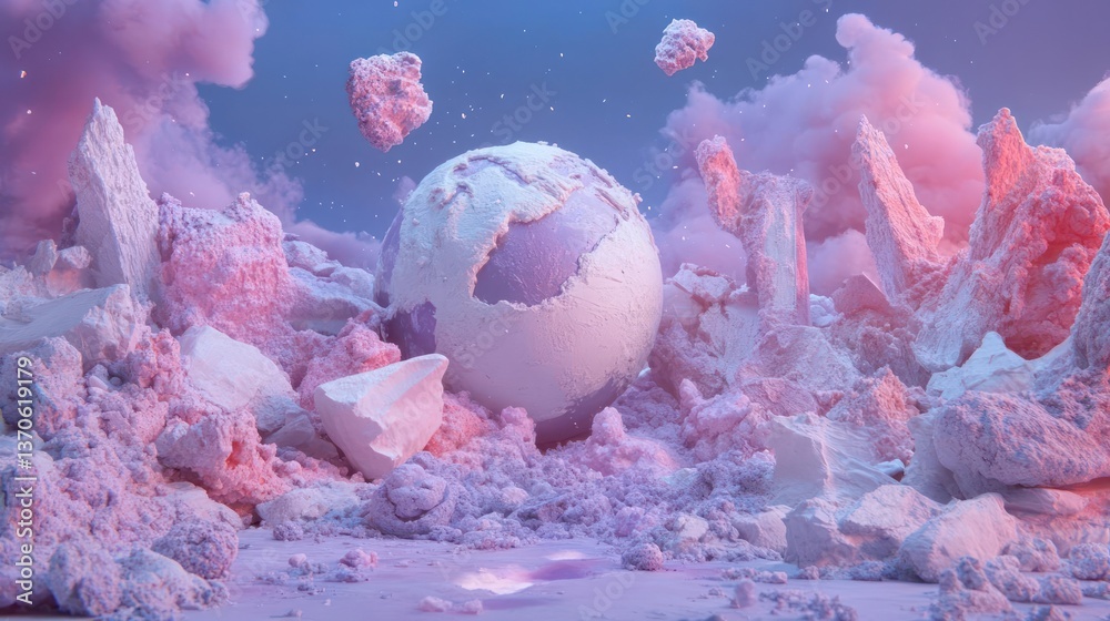 Poster digital artwork of a surreal landscape with a pixelated sphere floating amidst jagged crystalline st