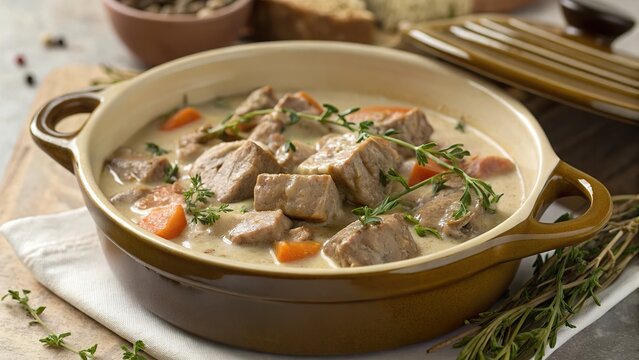 Savoring the rich flavors of traditional blanquette de veau served in a rustic French ceramic dish