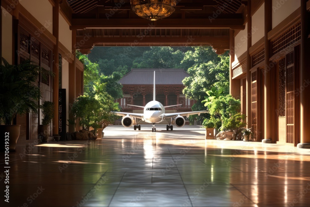 Aufkleber Airplane parked inside a traditional wooden structure with a view of trees and a building in the background with warm lighting creating a serene atmosphere