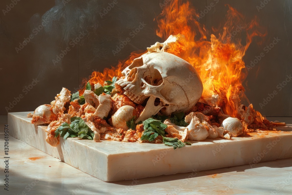 Poster generic object on stone block engulfed in flames with scattered bone fragments and green foliage dra