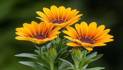Three vibrant orange and maroon flowers with green foliage, blooming in a garden