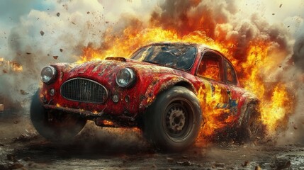 Burning vintage race car in action