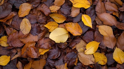 An array of fallen autumn leaves in rich, earthy tones covers the ground, embodying the transient beauty of the season.