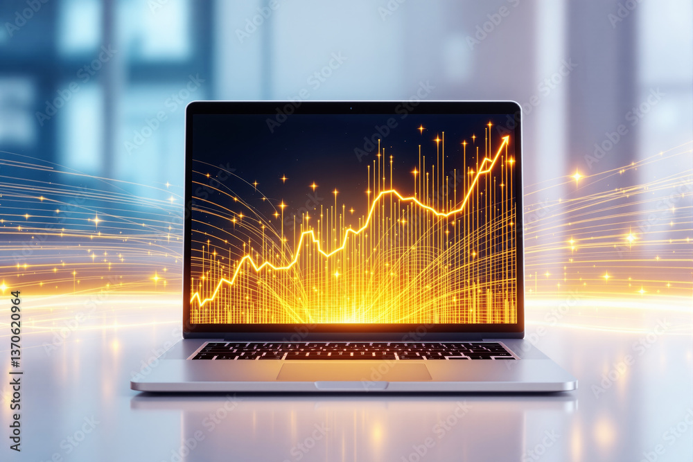 Poster laptop displaying glowing financial chart with rising trend on a futuristic background.