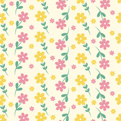 Seamless pattern with yellow and pink flowers. Vector cute illustration of flowers