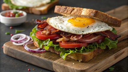 Mouthwatering blt sandwich with a sunny side up egg served on toasted whole grain bread