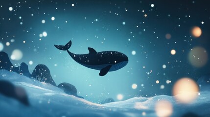 A stylized whale floats above snowy landscape under glittering lights