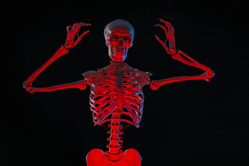 Artificial human skeleton model on black background in neon lights