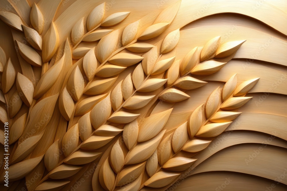Poster close up of carved wooden wheat stalks with detailed textures and warm tones. displays a unique arti