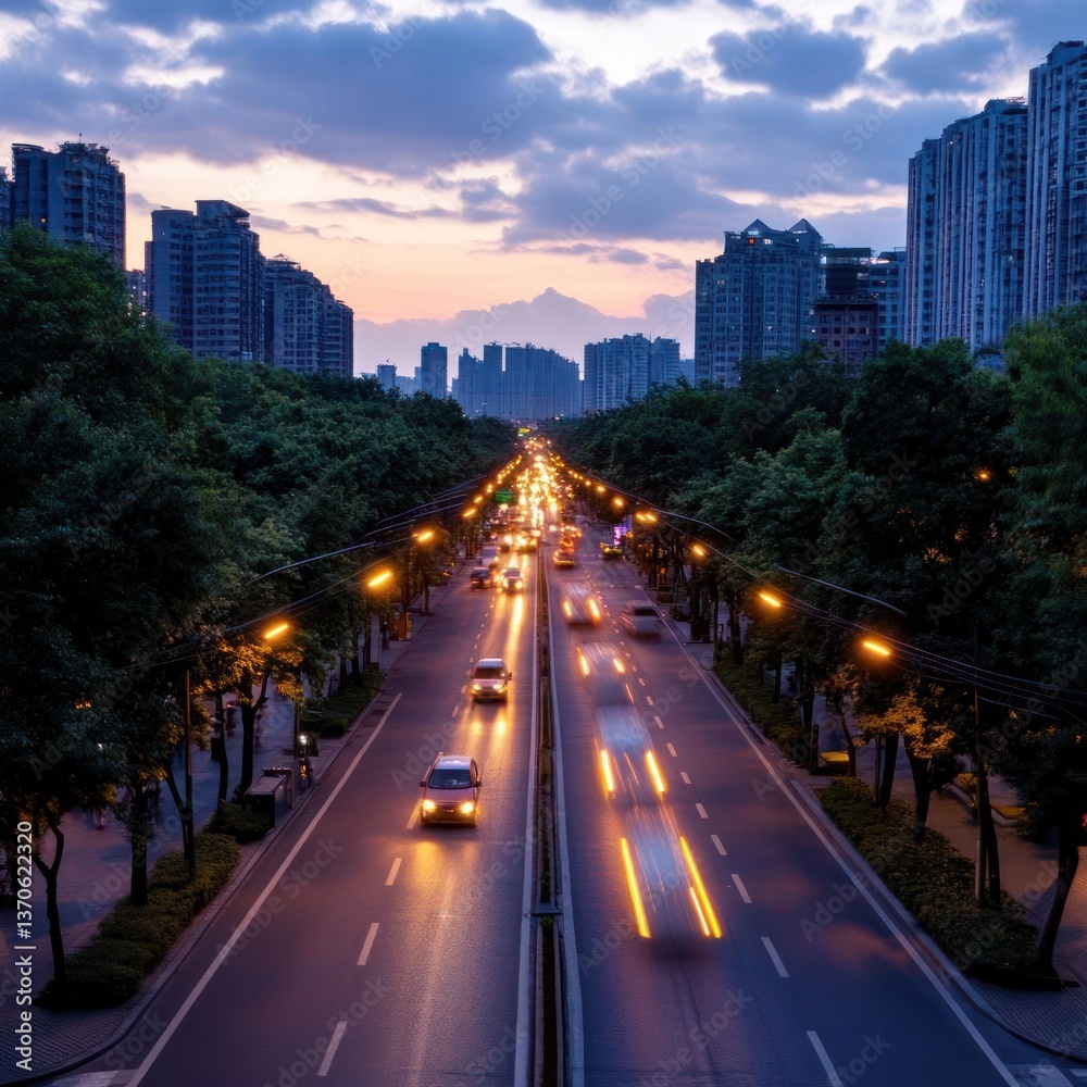 Poster an elevated perspective of a cityscape with illuminated road at dusk. the image captures a street li