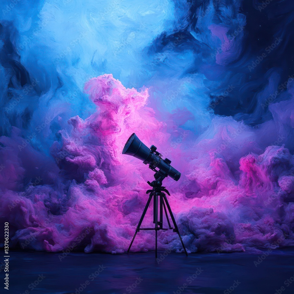 Aufkleber a telescope on a tripod stands before a backdrop of vibrant pink and blue clouds evoking a sense of 