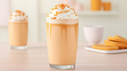 Two creamy caramel iced drinks topped with whipped cream and caramel bits, served with cookies
