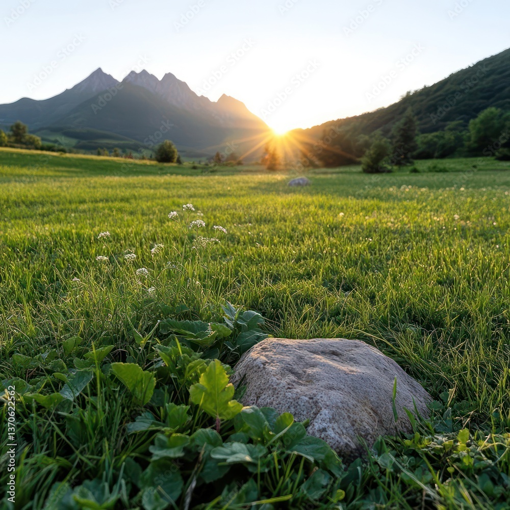 Aufkleber scenic landscape with vibrant green field and a rocky foreground illuminated by the warm glow of a s