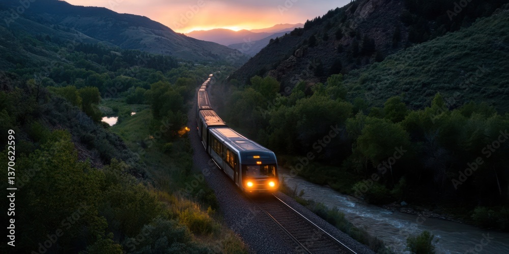 Aufkleber train traveling through a lush green valley during twilight with a river and mountains illuminated b