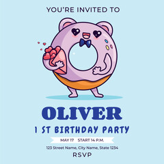 Kids birthday invitation with cute donut in kawaii style. Vector baby shower card
