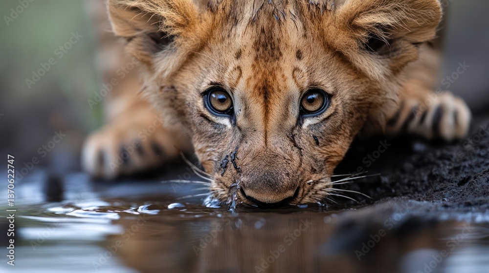 Poster close-up of a lion cub drinking water in a muddy environment with brown and black tones and reflecti