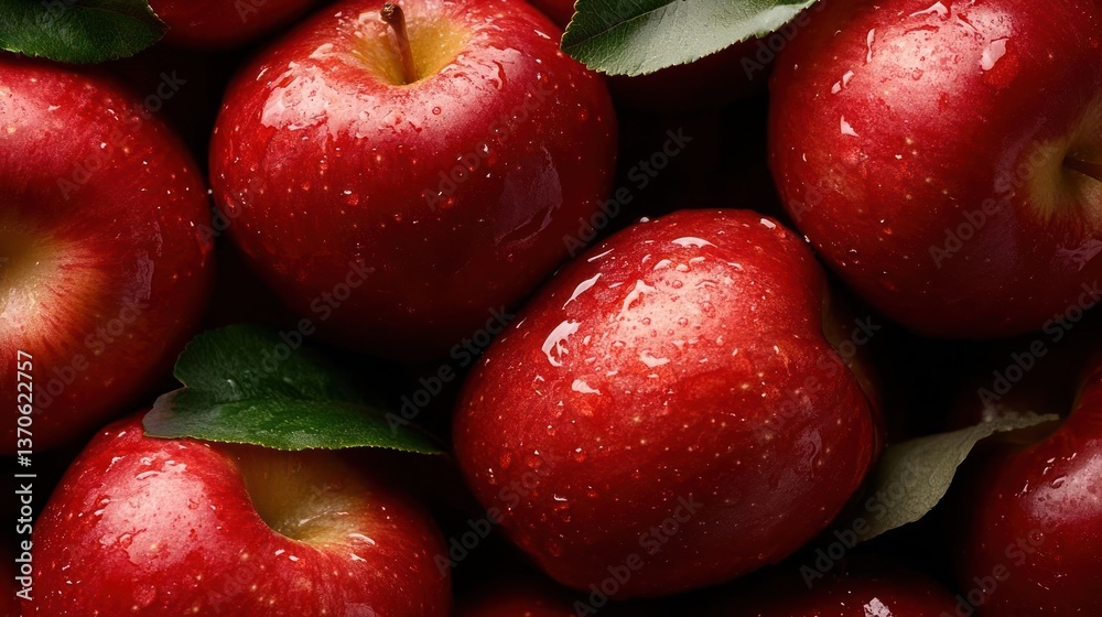 Aufkleber close up image of ripe red apples with green leaves and water droplets, studio lighting with shallow