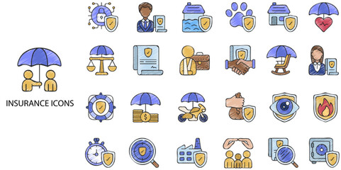 Set of 24 hand drawn outline Insurance icons. Containing healthcare medical, life, car, home, travel insurance icons. Insurance line icons set. Vector illustration.