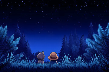 Two figures, possibly child and pet, gazing at a starry night sky from within a lush forest