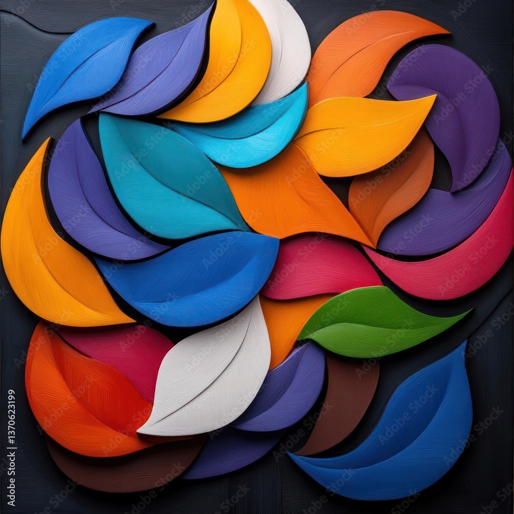 Poster arrangement of colorful stylized leaves in various shades on a dark wooden surface creating a vibran