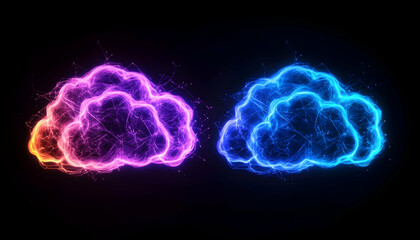 Two glowing cloud forms, one pink-orange, one blue, with network connections