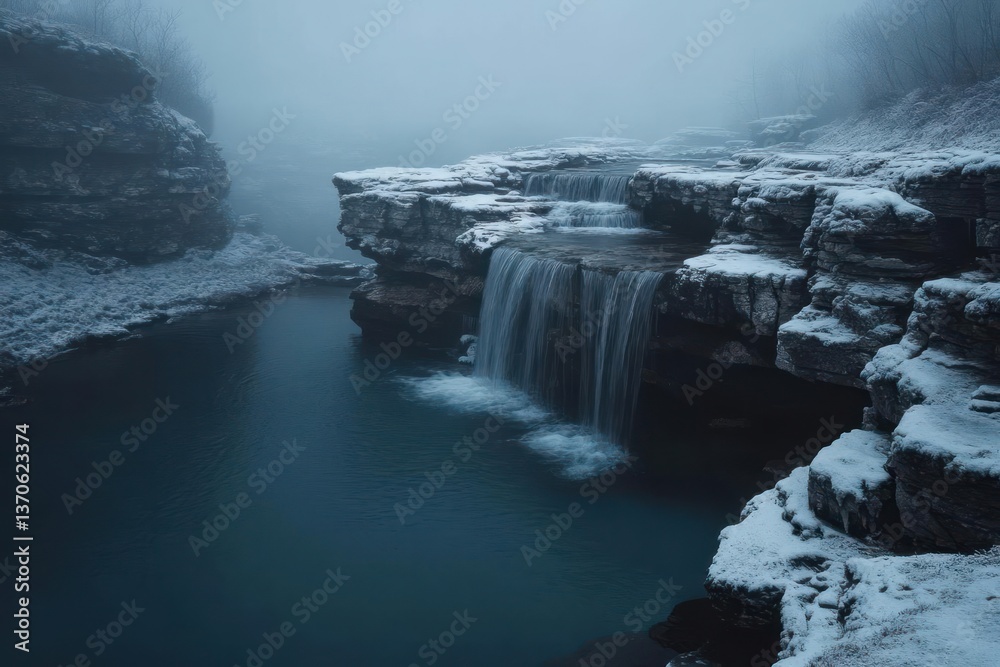 Poster Scenic winter landscape with a waterfall cascading into a serene blue lake. The scene is enveloped in mist and snow covered cliffs creating a tranquil atmosphere
