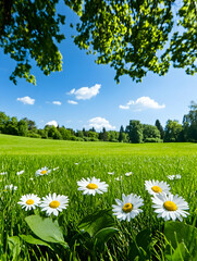 Sunny meadow with daisies under a tree, bright blue sky