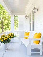 Sunny porch with white bench, yellow pillows, and potted flowers