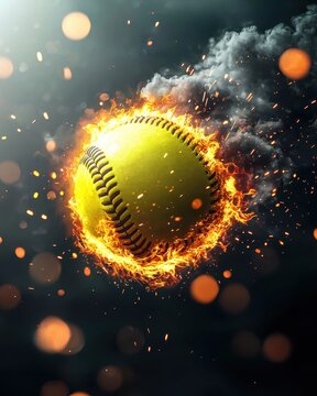 A glowing yellow softball surrounded by flames and sparks, creating an intense and dynamic visual effect.