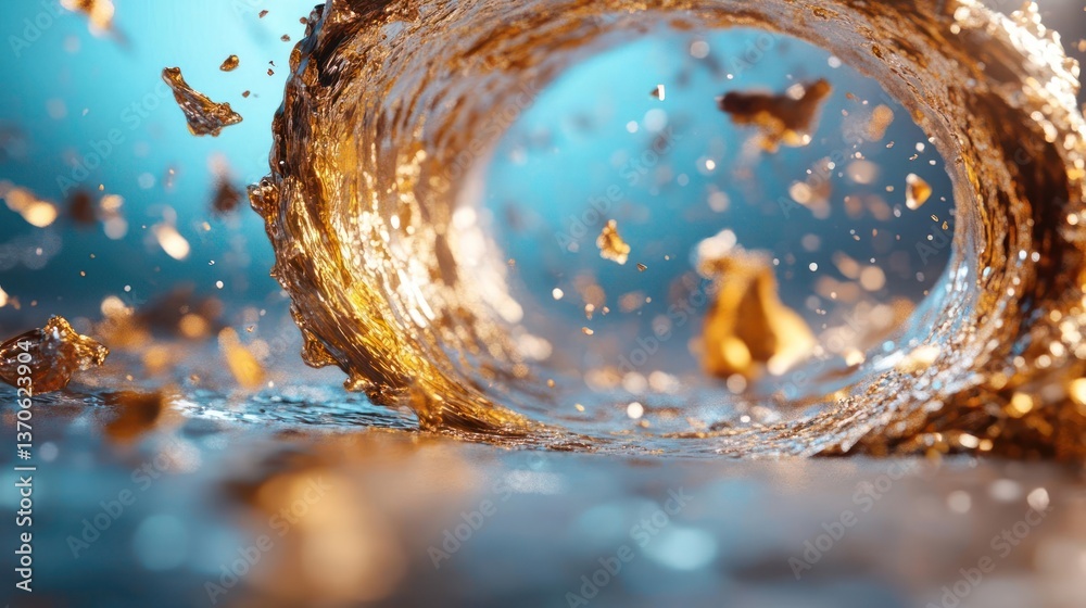 Fototapete Abstract gold liquid swirling through a tunnel with floating particles on a shiny reflective surface against a blue backdrop