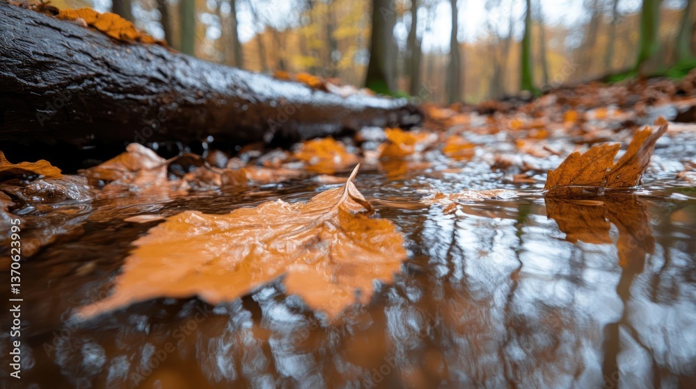 Poster close up shot of an orange leaf floating in a shallow stream in the forest with a blurry background,