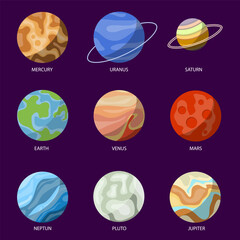 Solar system planets, solar system planets icons, planets set. Design illustration, postcard, vector image, vector.