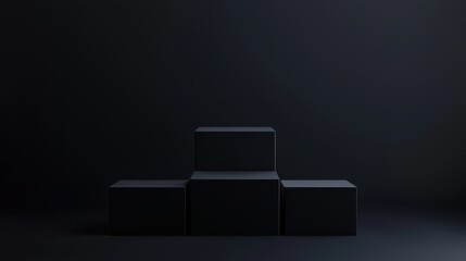 Black podium or pedestal display on dark background with cube platform. Blank product shelf standing backdrop. 3D rendering.