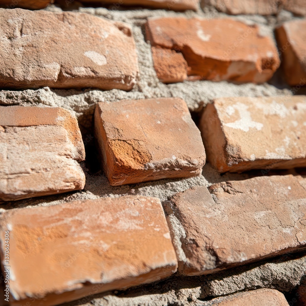 Poster close-up view of a weathered brick wall texture featuring red brown bricks and grey mortar with roug