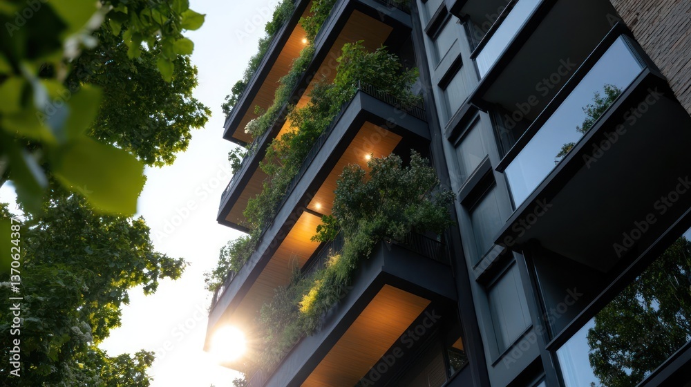 Aufkleber low angle view of modern building with lush green plants on balconies with sunlight flare in daytime