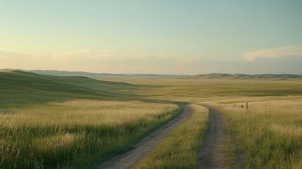 Obraz premium Dirt road winds through a vast grassy meadow landscape under the sky