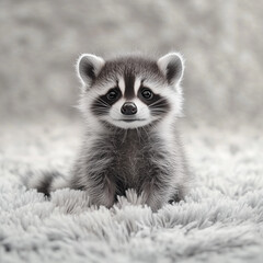 an adorable baby Raccoon sitting on a fluffy carpet generative ai