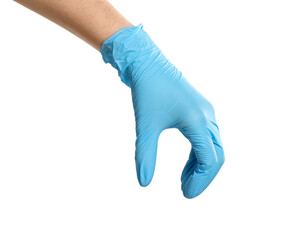 Doctor in medical glove holding something on white background, closeup